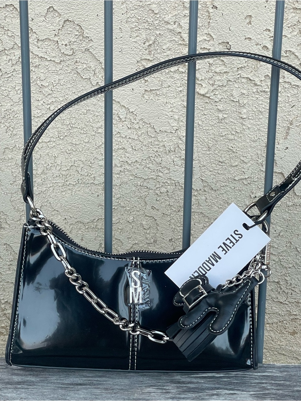 New Steve Madden Black Patent Shoulder Bag with Silver Chain and Charm
